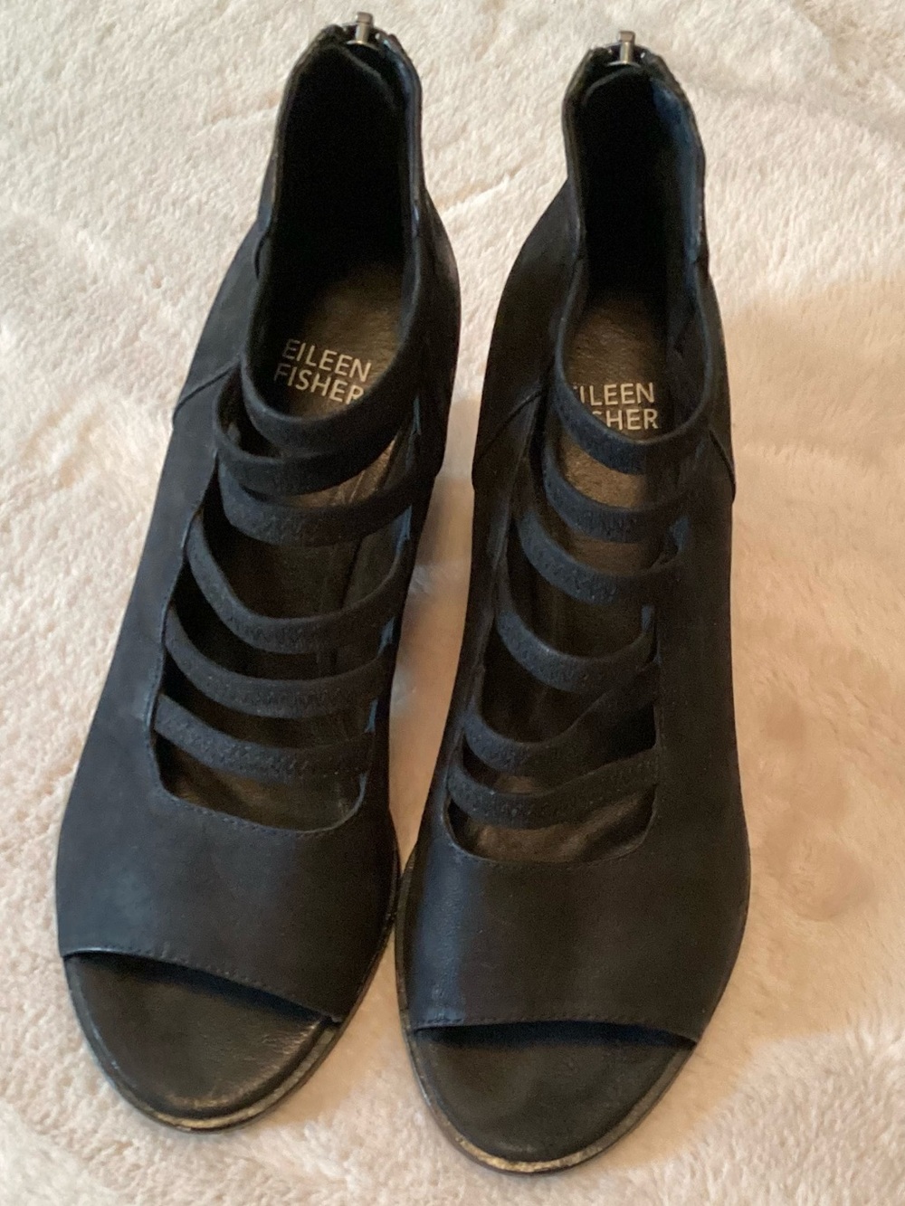 Eileen Fisher James Black Leather Multi-Strap Open-Toe Booties - Size 6 - Picture 2 of 8